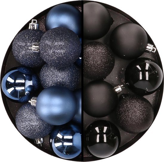 24x stuks kunststof kerstballen mix van donkerblauw en zwart 6 cm - Kerstversiering