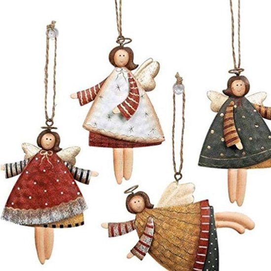 Metalen Engelen Kersthangers – 4 Stuks Met Sneeuwvlokken | Elegante Versiering Voor De Kerstboom