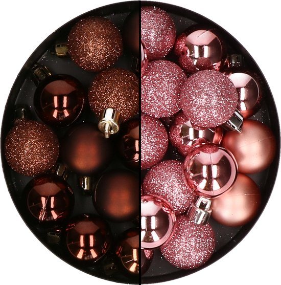 Kerstballen mini - 40x st - roze en donkerbruin - 3 cm - kunststof - kerstversiering