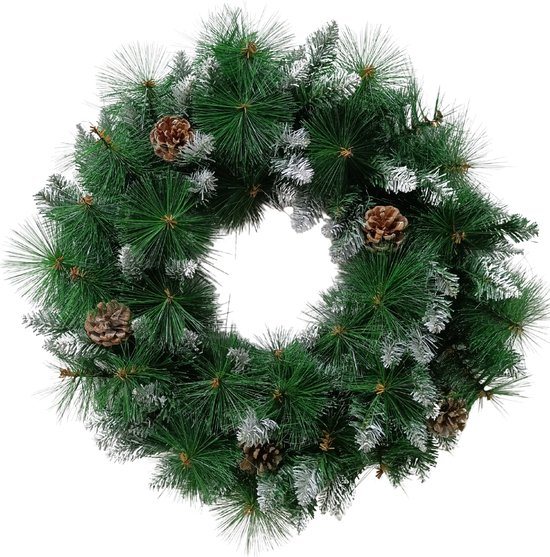 Buxibo PVC Kerstkrans met Dennenboomnaalden, Dennenappels en Sneeuw - Groen - 70 takken - 40cm