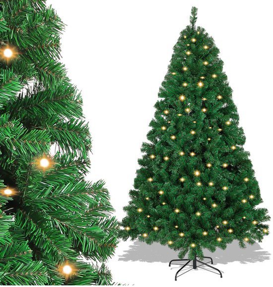 Kunstkerstboom met verlichting, 150 cm dennenboom met 200 warm-witte ledlampen, 550 gemengde takken, kerstboom, kunstboom voor Kerstmis, groen