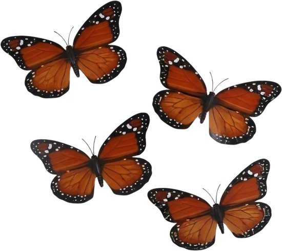 Gerimport Kerst vlinders - 4x stuks - oranje - op clip - 12 x 6 cm - kunststof - kerstboomversiering