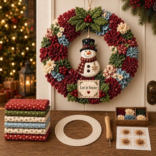 3D Stoffen Kerstkrans DIY Pakket - Complete Set met Alle Benodigdheden - Stijlvolle Wanddecoratie voor de Feestdagen - Creatief & Ontspannend Knutselproject - Incl Instructies - Maak Uw Eigen Unieke Kerstkrans - Stijl B