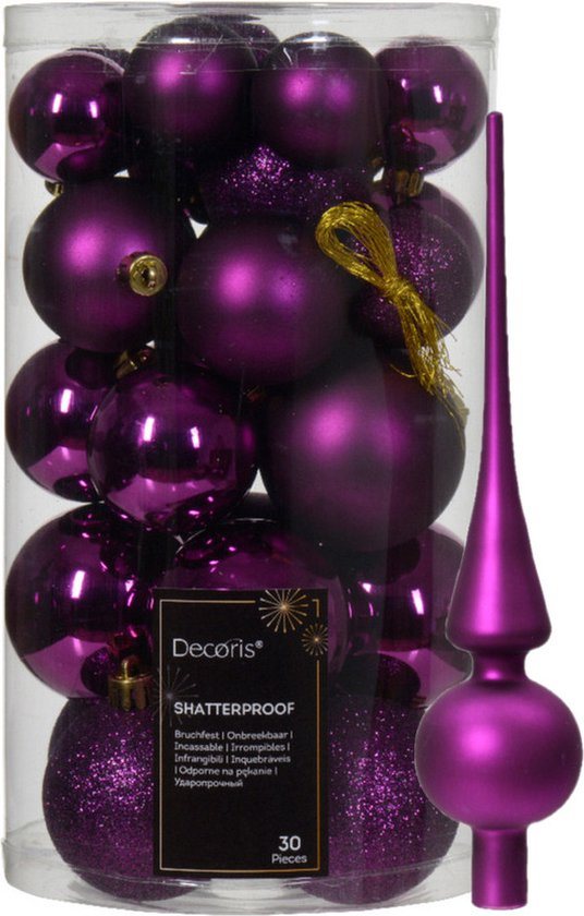 Kerstversiering set - 30x st kunststof kerstballen en glazen piek - paars