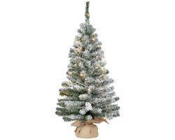 Everlands Kunst kerstboom - H90 cm - besneeuw - met kerstverlichting - kunstboom - in jute zak - verlichte kleine kerstbomen