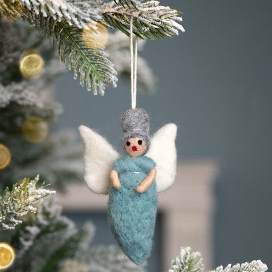 Wolvilt Hanger Engeltje Kerst - IJsblauw - Fairtrade Homedeco - 13x7cm