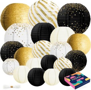 Fissaly 20 Stuks Lampionnen Set Versiering Zwart, Goud & Wit – Feest Decoratie – Bruiloft, Trouwen & Verjaardag - Papier - Happy New Year 2026 Versiering Pakket