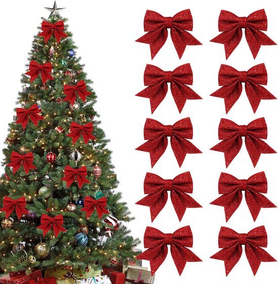 10 Stuk Rood Kerststrikken - 12 x 15 cm - Glitters - Kerst Decoratie Strikjes - Kerstversiering - Kerstboom Decoratie - Kerststrikjes - Kerstsfeer - Christmas - Voor Kerstfeest, Kerstboom, Binnen, Knutselen