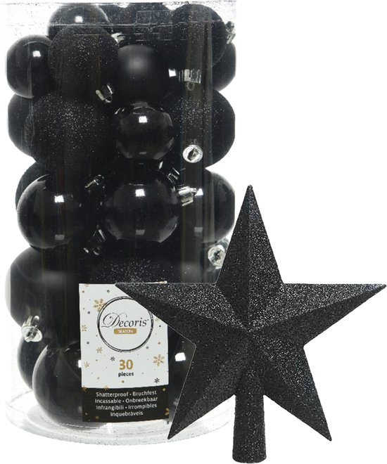 Decoris kerstballen 30x stuks - zwart 4/5/6 cm kunststof mat/glans/glitter mix en kunststof piek 19 cm