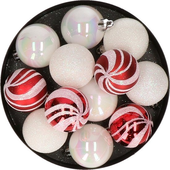 Atmosphera kerstballen 12x - parelmoer wit/rood - 4 cm - kunststof