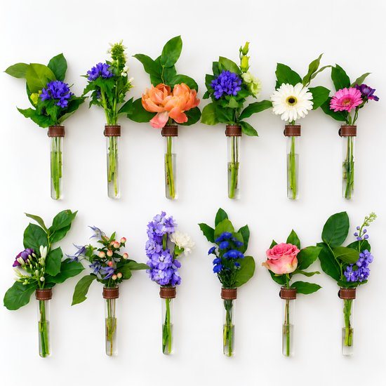 TWILG - Magnetische Muurvaasjes - 12 Stuks - Stek vaasjes - Glas - Cognac leer - Stekjes - Moederdag - Moderne vaas - Stekstation - Wandvaas - Droogbloemen - Reageerbuisjes