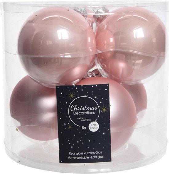 Decoris Kerstballen - glas - 6x stuks - lichtroze - 8 cm - kerstversiering
