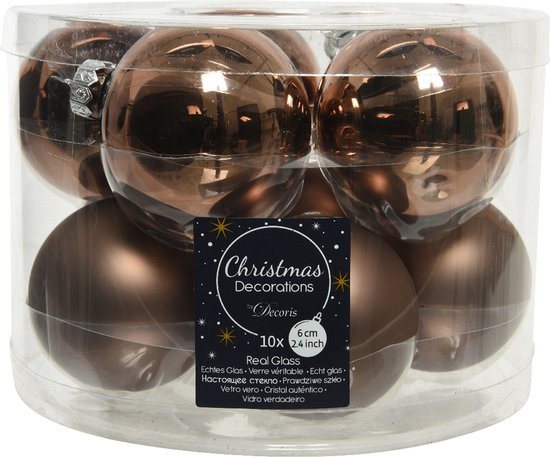 10x stuks kerstballen walnoot bruin van glas 6 cm - mat/glans - Kerstboomversiering