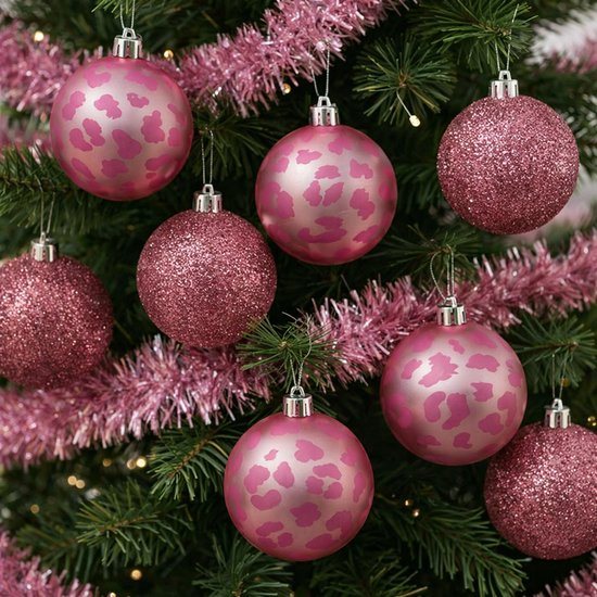 Luxe glitter kerstballen BLITZ met panter print - Roze / Glitter - Kunststof - Set van 8 - Kerst - kerstmis - kerstboom