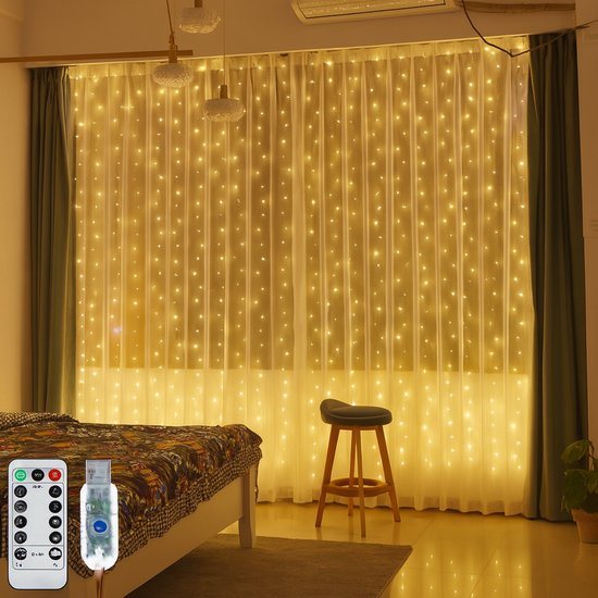 BOTC LED Lichtgordijn Sfeerverlichting met Afstandsbediening - 3 meter - 300 LED lichten - Kerstverlichting voor buiten & binnen - LED Kerstverlichting Lichtgordijn - Warm wit