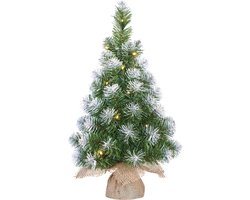 Mica Decorations Kunst kerstboom - kunstboom - in jute zak - met verlichting en sneeuw - 60 cm - Mini boompjes / kerstboompjes