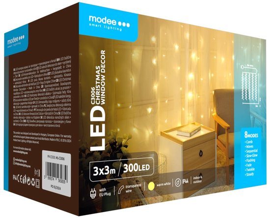 Modee Lichtgordijn 3x3 Meter - Kerstverlichting voor Buiten en Binnen - 300 LED Lampjes - 8 Lichtstanden - IP44 - 2700K - Warm Wit Licht - Per stuk