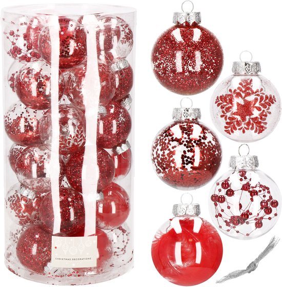 Springos Kerstballen | Kerstversiering | Onbreekbaar | 30 Stuks | 7 cm | Rood/Wit