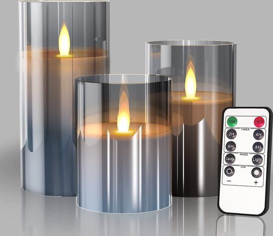 Nince LED Kaarsen Set van 3 - Bewegende Vlam - Grijs - Dimbaar - Timer - Afstandsbediening - Wax ledkaars
