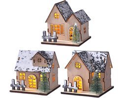 Set van 3 Houten Verlichte Kerstdorp Huizen met Sneeuwdak - Tafeldecoratie