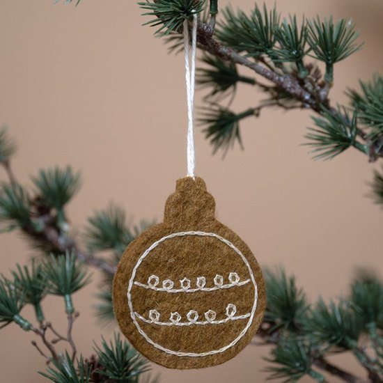 Hanger Vilt Kerstbal Plat - Geborduurd - Gingerbread/Gemberkoek - 8cm - Fairtrade
