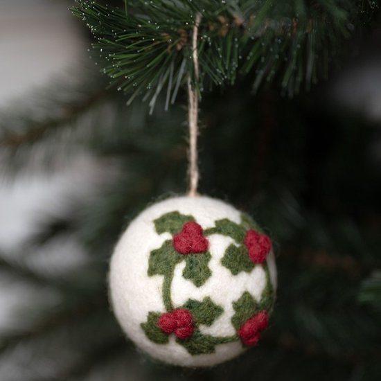 Kerstbal Vilt Rond - Holly Berry - 8cm - Fairtrade