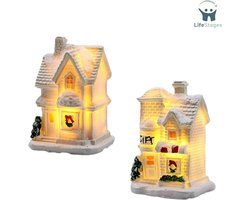 LifeStages - Kerstdorp Basis - Kerstdorp met Verlichting - Kersthuis Miniatuur - Kerstdorp - Kerstdecoratie - 2 Stuks - Wit