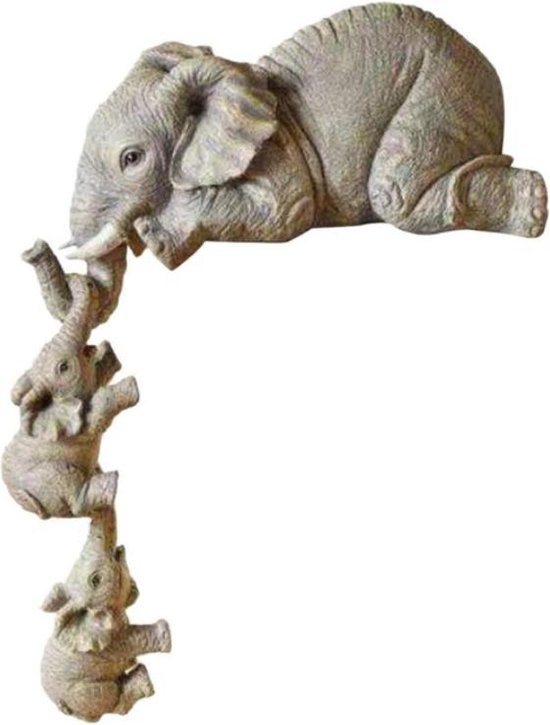 Olifanten Beeldje 3-Delig - Olifanten Decoratie - Olifanten Decoratie - Wandplank Decoratie - Twee Baby's Hangend Aan Moeder