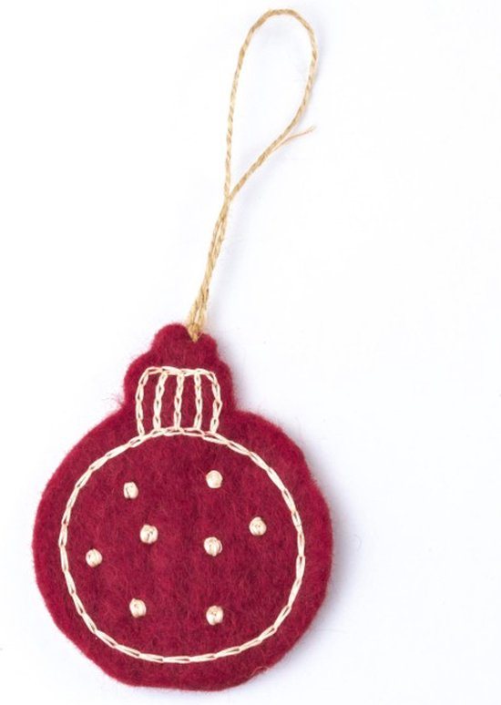 Hanger Vilt Kerstbal Plat - Geborduurd - Holly Berry - 8cm - Fairtrade
