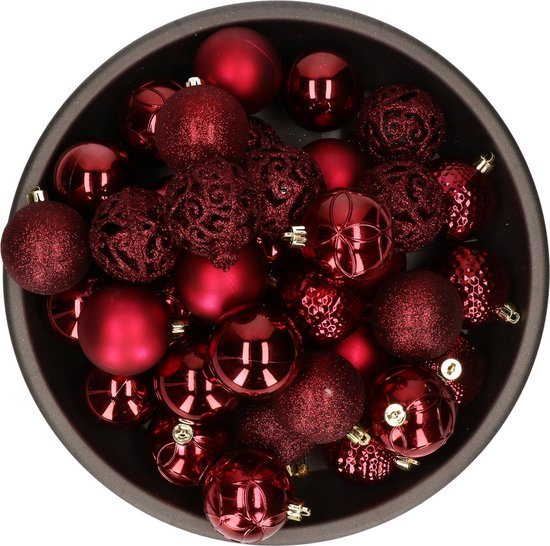 Bellatio Decorations kerstballen - 37x st - donkerrood/bordeaux - D6 cm - kunststof - onbreekbaar - kerstversiering