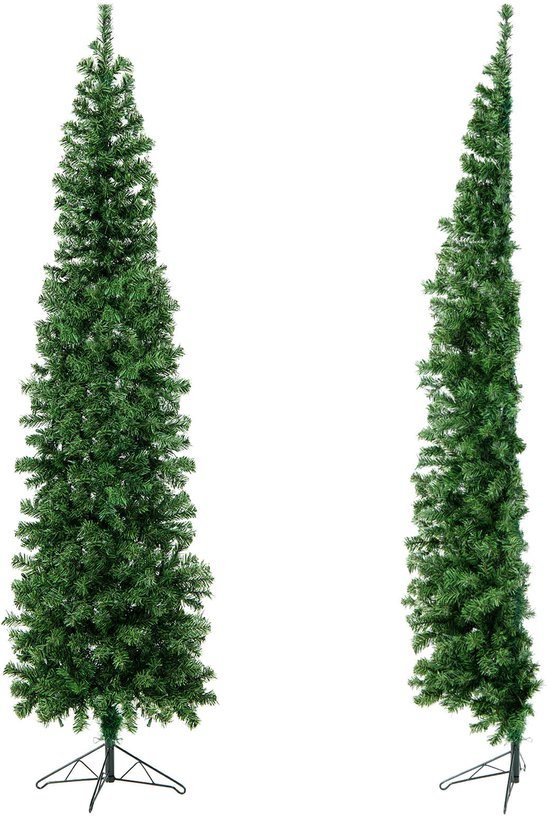 COSTWAY 210 cm Halve Kunstkerstboom met LED – Verlichte Slanke Hoekkerstboom met 150 Warmwitte Lampjes, Metalen Standaard, Snelle Montage, voor Thuis, Kantoor en Feest
