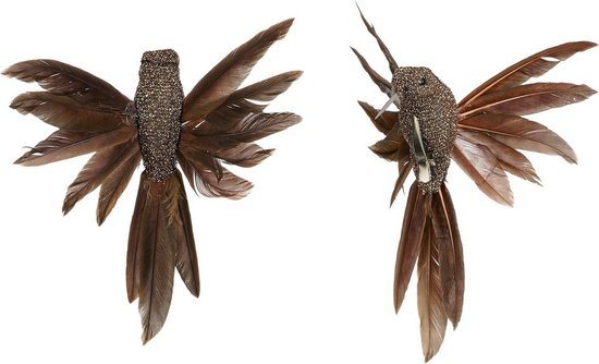 House of Seasons Kolibries vogels op clip - 2x st - bruin - 12 x 13 x 7,5 cm