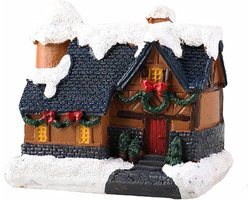 TheLau - Kerstdorp met verlichting en led-kerstlantaarn voor decoratie - Op batterijen - Amerikaanse kerstdecoratie - Miniaturen - Huizen en bureaudecoratie - Hars ornamenten