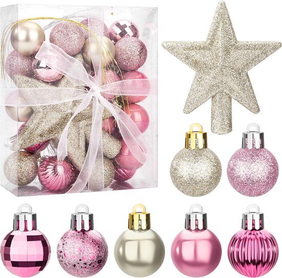 30 Stuks Mini Ballen Kerstboom Versieringen - Plastic Ornamenten - Kerstdecoraties - Bruiloft Feestdecoratie (Wit Goud Roze)