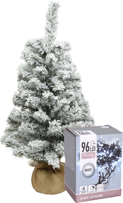 Everlands Mini kerstboom - 60 cm - met sneeuw - en kerstverlichting - helder wit