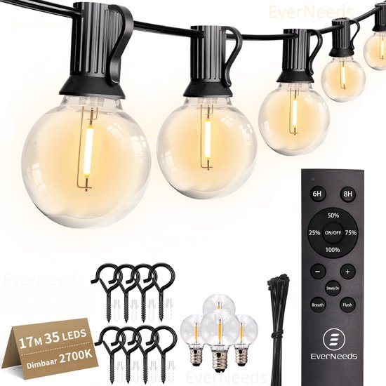 EverNeeds G40 Lichtsnoer Buiten - Prikkabel 17m - 35 LED - IP44 - Dimbaar met Afstandsbediening - Lichtslinger - Sfeerverlichting Buiten en Binnen - Warm Wit 2700K – 4 Extra LED’s