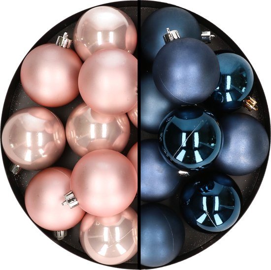 24x stuks kunststof kerstballen mix van lichtroze en donkerblauw 6 cm - Kerstversiering