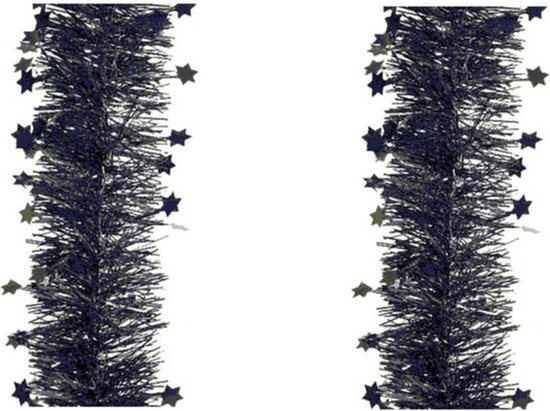 Decoris Kerstslinger - 2x stuks - sterren - zwart - 270 x 10 cm - lametta/folie - kerstboomslinger