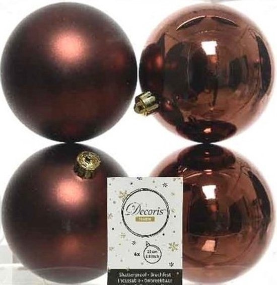 Decoris Kerstballen - 4x st - mahonie bruin - D10 cm - kunststof - kerstversiering