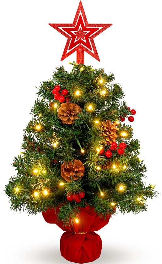 Uten Luxe uitvoering Mini Kerstboom - mini kerstboompje met verlichting - 50 lampen - Mini kerstboom met decoratie - Dennenappels en Besjes - kleine kerstboom - H60 x Ø38 cm