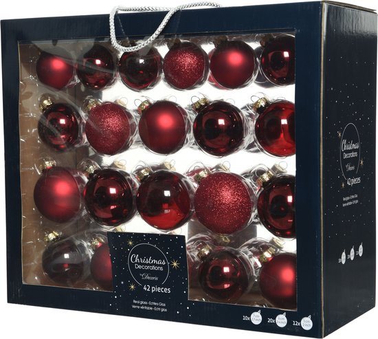 Decoris kerstballen - 42x - donkerrood - glas - 5-6-7 cm - mat/glans/glitter - kerstversiering - Kerstboomversiering
