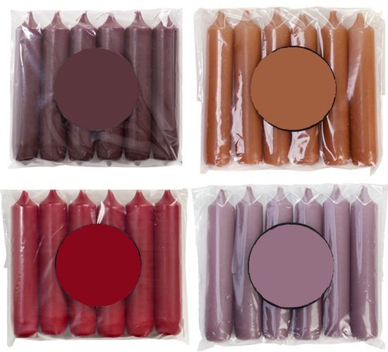Cactula Korte Dinerkaarsen – 24 Stuks (4 x 6 stuks) – Ø 2.1 x 12 cm – Luxe Winter Mood Kleuren: Aubergine, Siena, Rood & Mauve – Trendy Winter 2025/2026