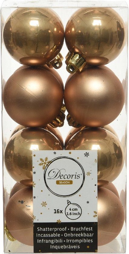 Decoris Kerstballen - 16x st - camel bruin - D4 cm - kunststof - mat/glans - kerstversiering