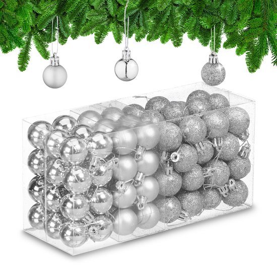 kerstballen set van 96 - plastic - 3 cm - mat - glanzend - glitters - zilver