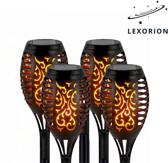 Lexorion Flamma - Solar Tuinfakkels - 4 stuks - 50 cm - Warme LED Vlam Effect - Zonne-energie Tuinverlichting - Waterdicht & Snoerloos - Buitenlampen voor Tuin, Pad & Kerstdecoratie