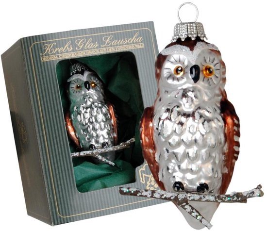 Kerstbal Kleine Uil op een Tak – Glazen Kerstornament – Krebs