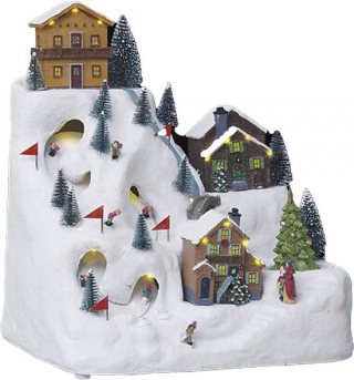 Feeric Christmas Kerstdorp kerst tafereel - skipiste - met verlichting, muziek, beweging - 34,5 cm - polyresin
