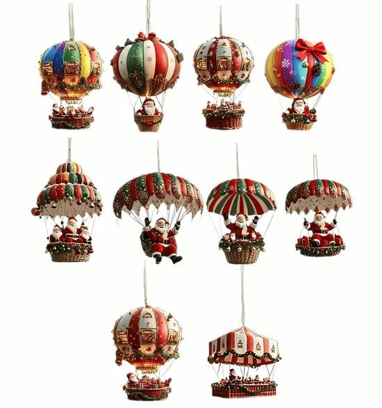 Without Lemon - Set van 10 - Kerstman Luchtballon Ornament - Kerst Hangers - Kerst Versieringen - Kerstboom Versiering - 2D/Plaat - Hout