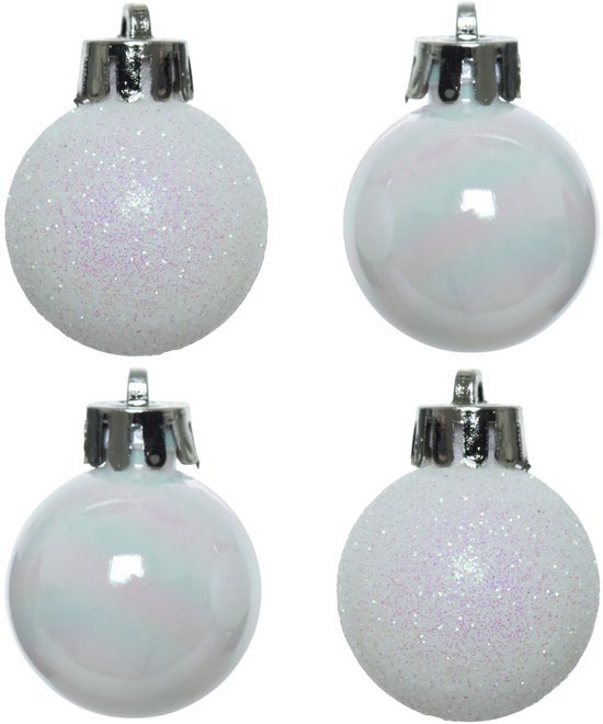 Decoris Mini kerstballen - 14x st - parelmoer wit - D3 cm - kunststof - kerstversiering