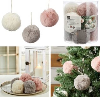 12 Fluffy pluche kerstballen in nepbont in pastelkleuren - grijs, roze en beige - Ø11cm